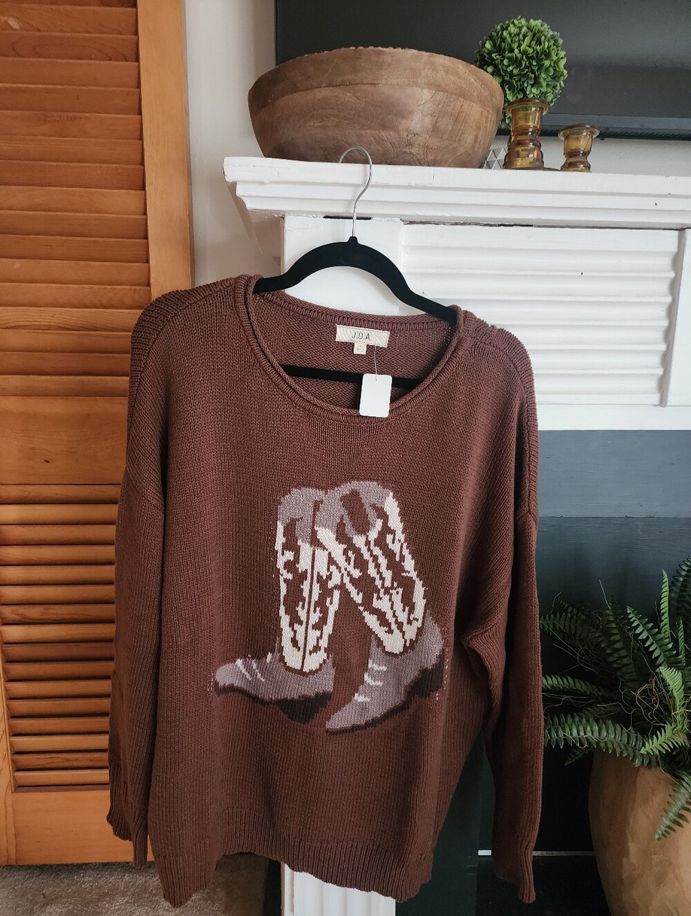J.O.A. Brown Crewneck Sweater with Cowboy Boot Intarsia
